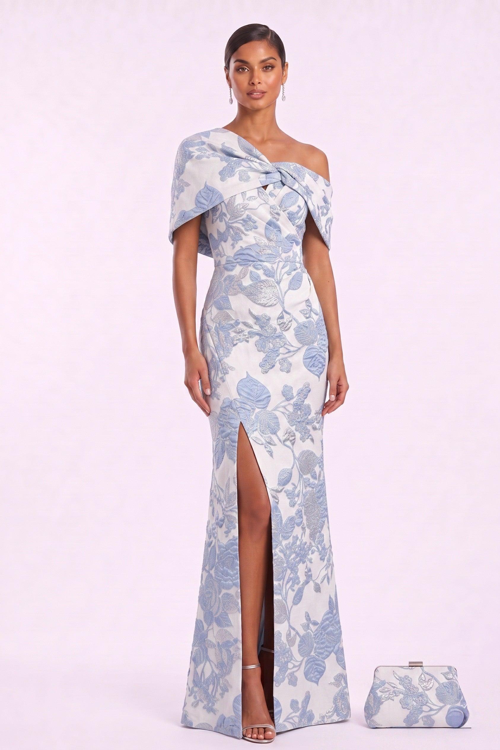 Sheath-Column Floor Length Jacquard Mother of the Bride Dress CM0485 - Blue - COCOMELODY